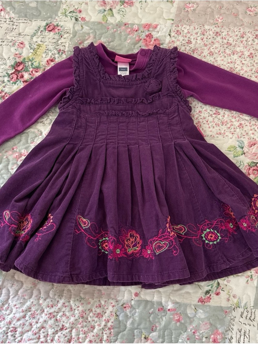 Pampolina Purple Corduroy Dress with Pink Embroidery